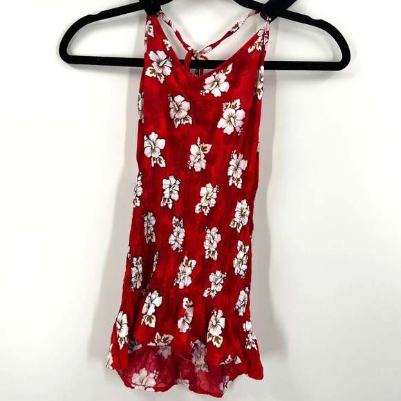 Vintage Aloha Hibiscus Floral Hawiian Red White Halter Top Fitted Small-Medium - Picture 1 of 9